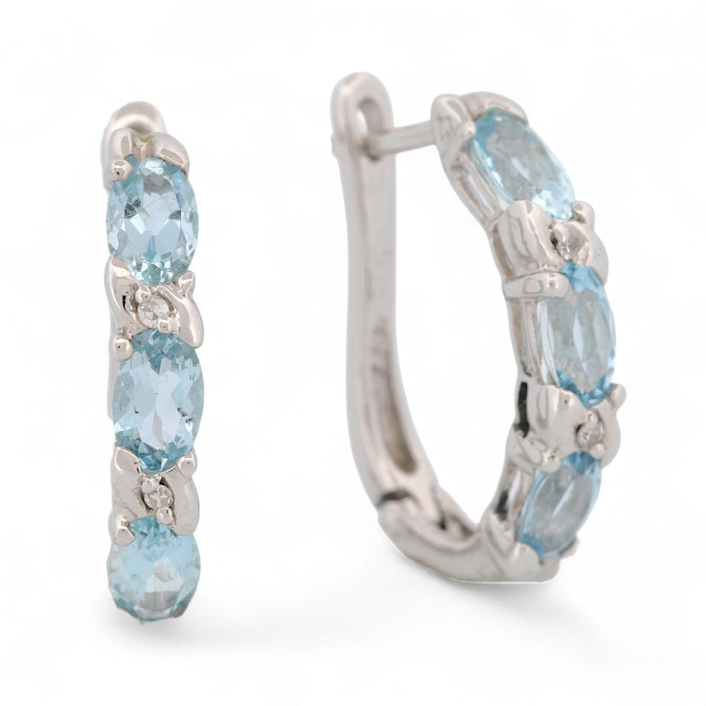 14K White Gold Aquamarine and Diamond Hinged Hoop Earrings