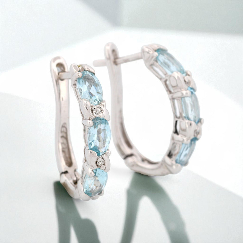14K White Gold Aquamarine and Diamond Hinged Hoop Earrings