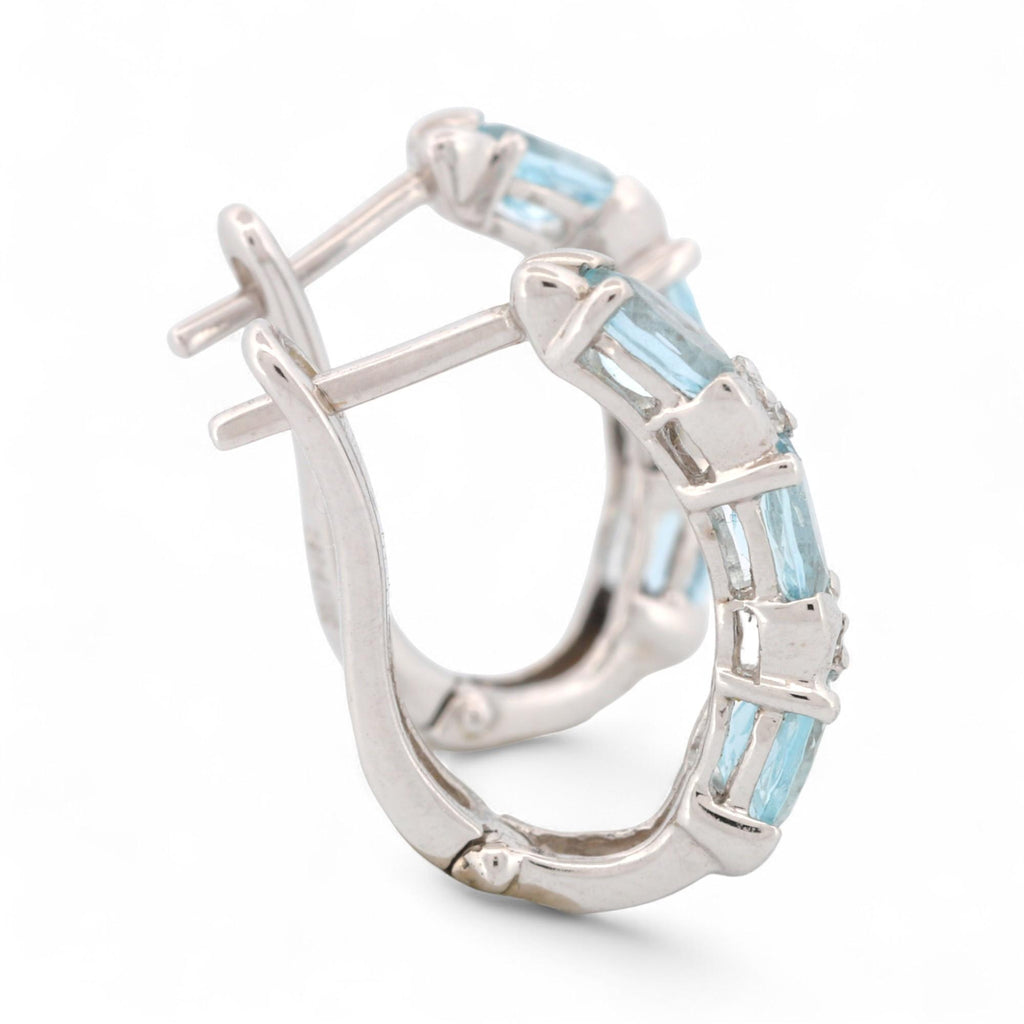 14K White Gold Aquamarine and Diamond Hinged Hoop Earrings