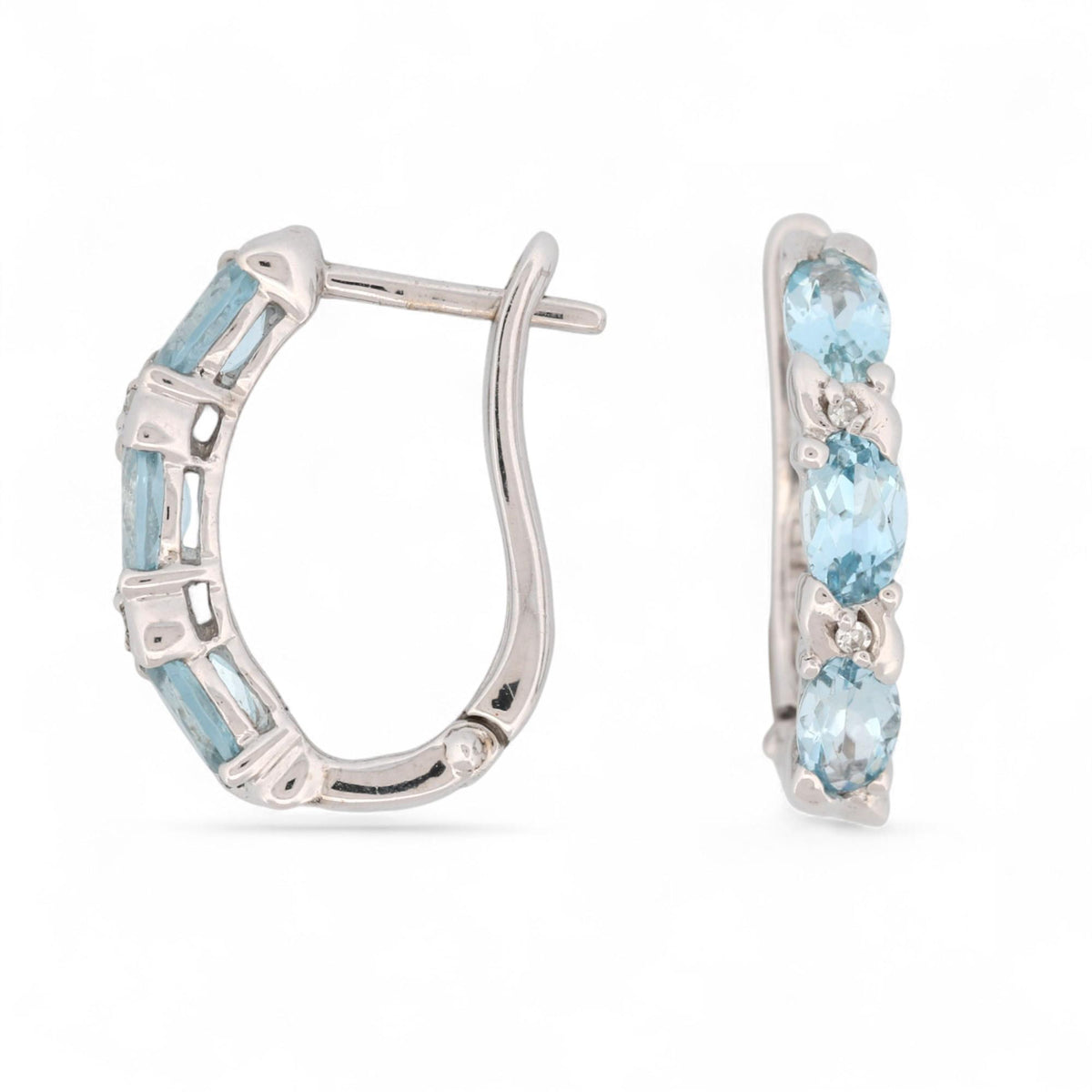 14K White Gold Aquamarine and Diamond Hinged Hoop Earrings