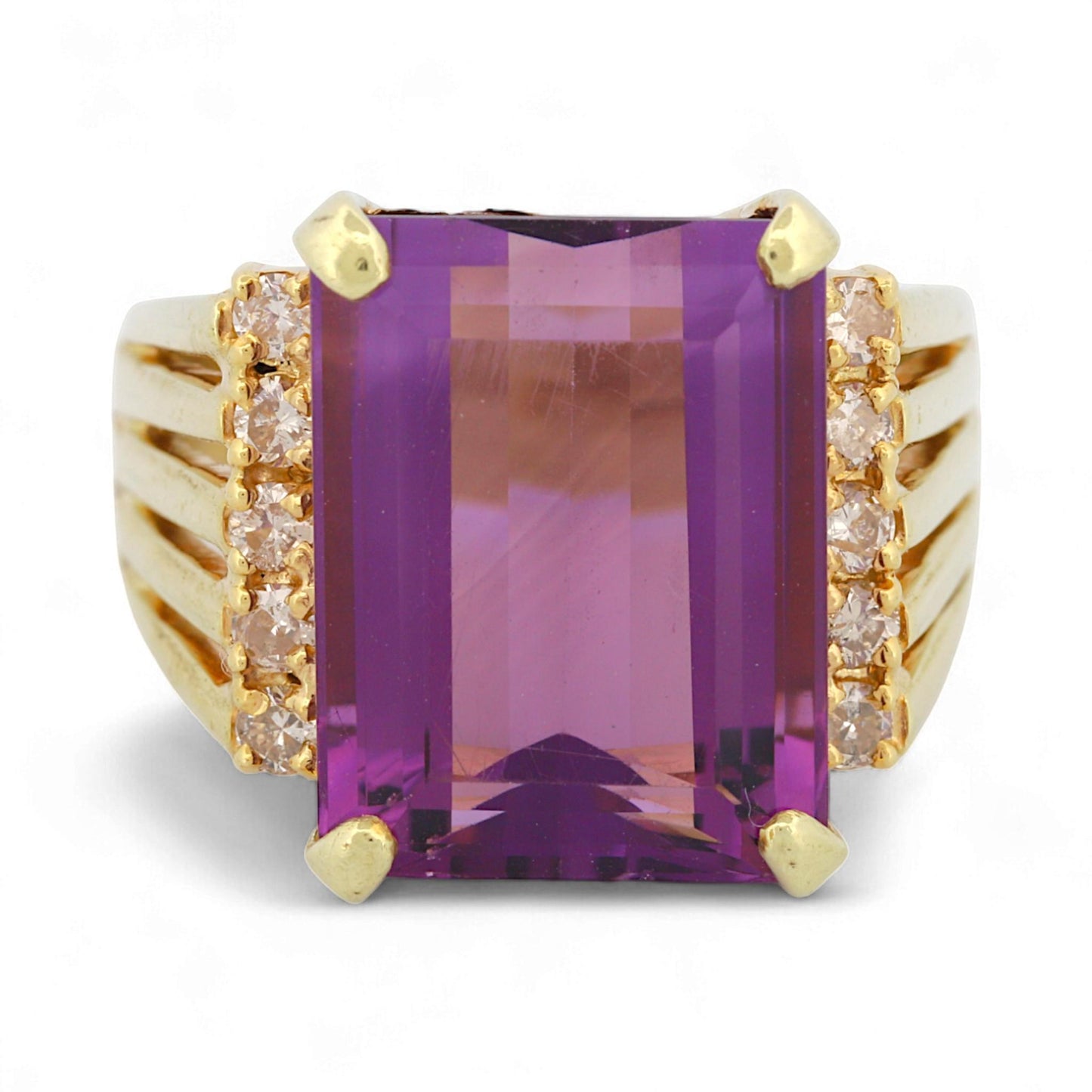 Vintage 14K Yellow Gold Amethyst & Diamond Statement Ring Size 9