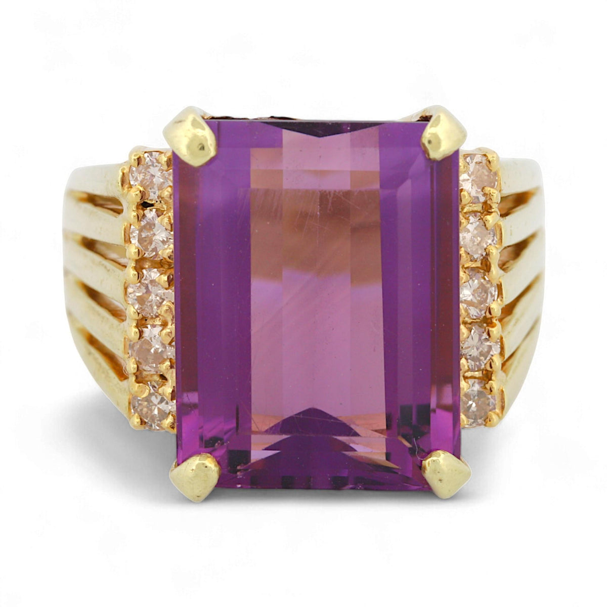 Vintage 14K Yellow Gold Amethyst & Diamond Statement Ring Size 9