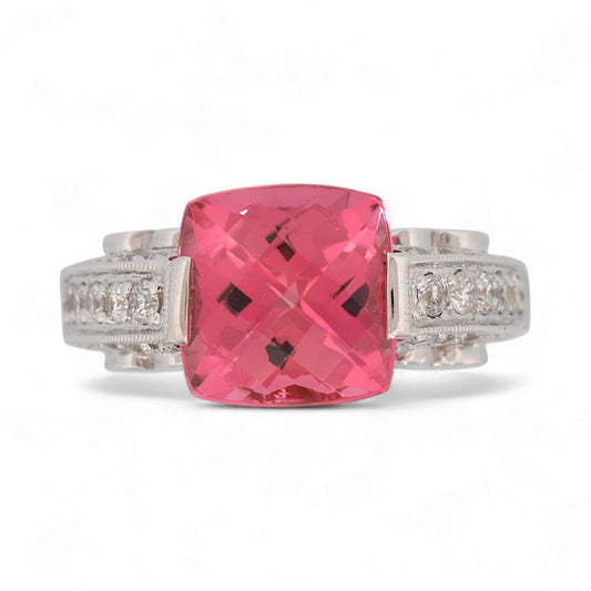 14K White Gold Hot Pink Cushion Gemstone & Diamond Artistic Statement Ring