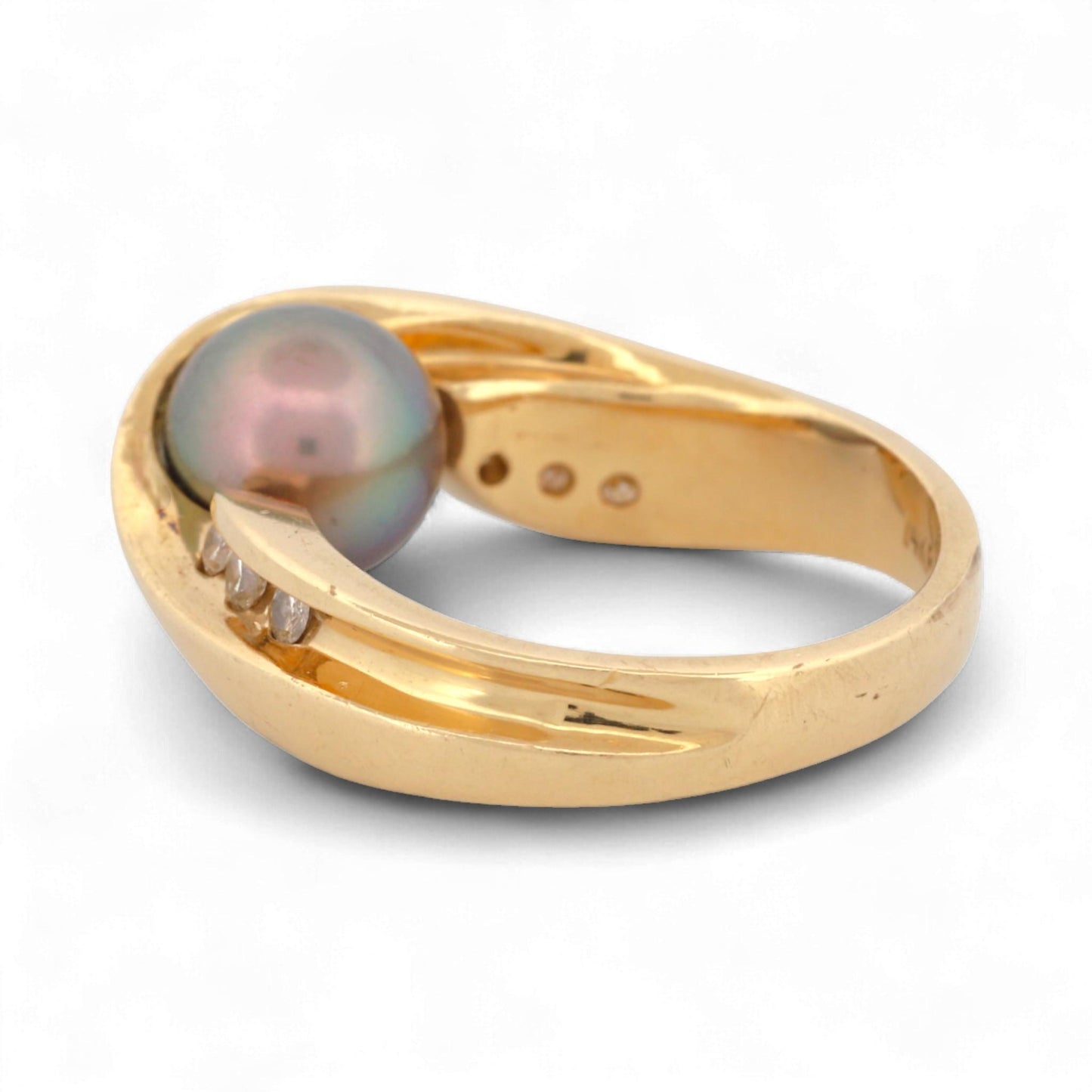 Excel Jewelers 14K Yellow Gold Black Pearl & Diamond Band Ring Size 6.5