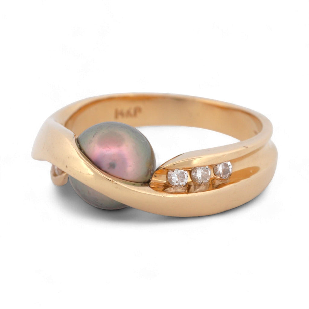 Excel Jewelers 14K Yellow Gold Black Pearl & Diamond Band Ring Size 6.5