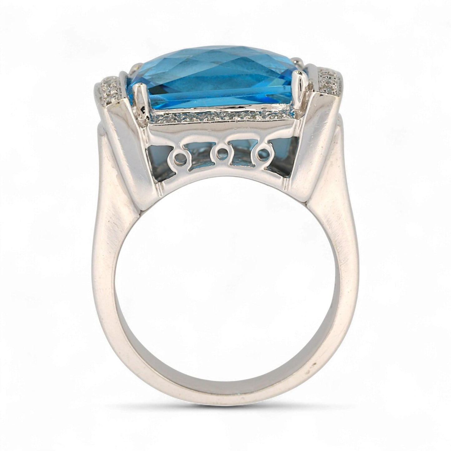 14K White Gold Blue Topaz & Diamond Rectangular Statement Ring Size 7