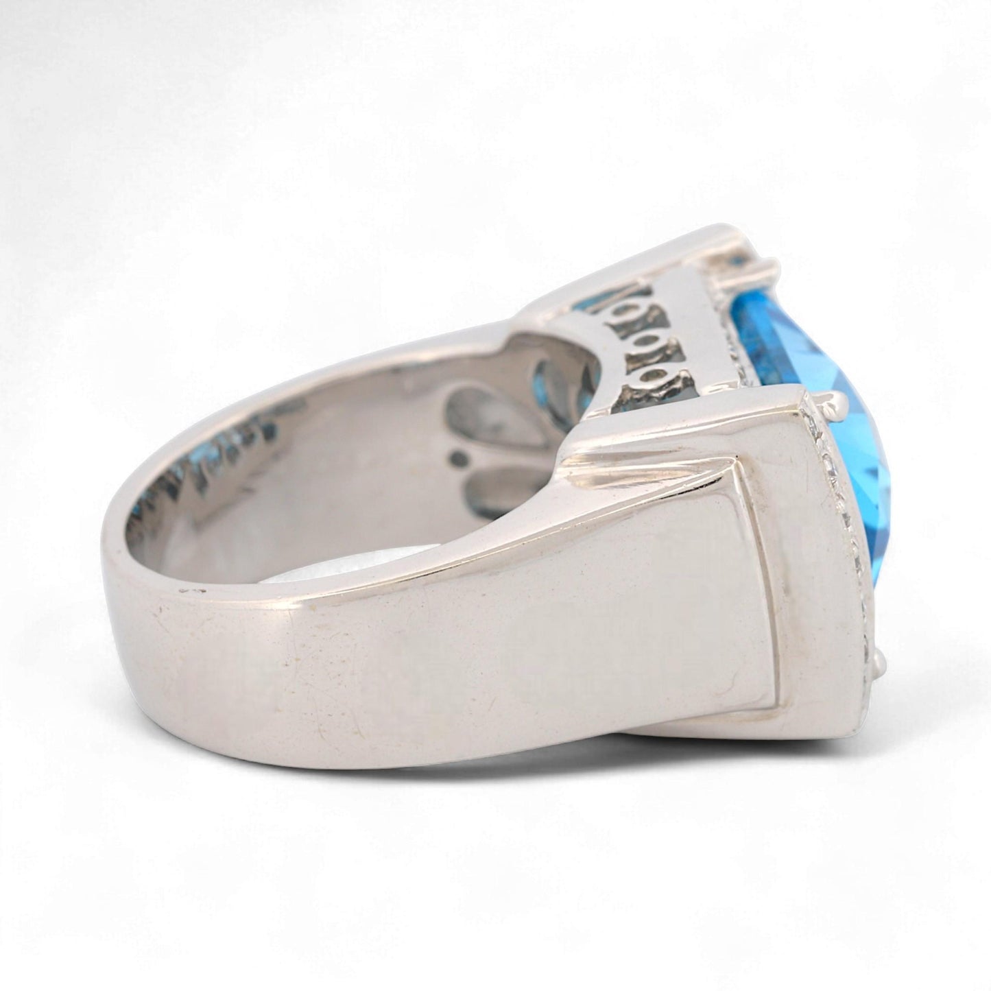 14K White Gold Blue Topaz & Diamond Rectangular Statement Ring Size 7