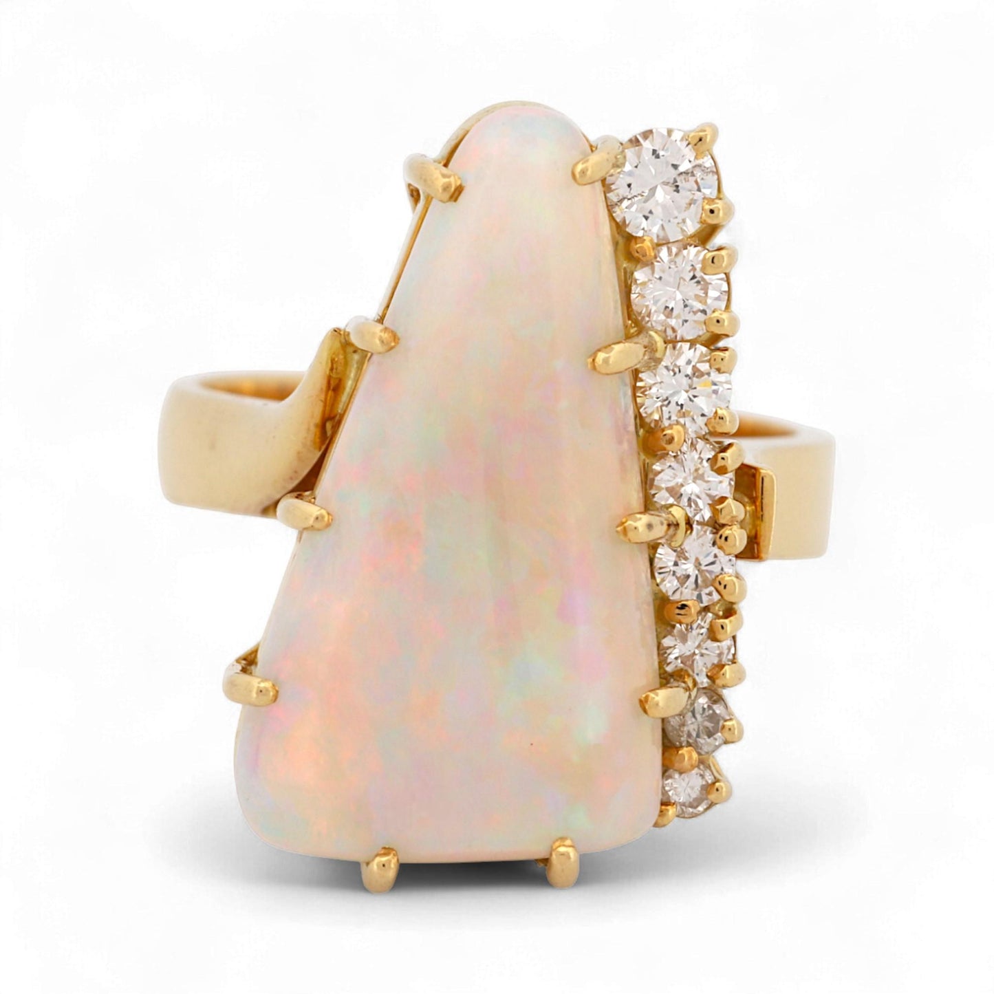 18K Yellow Gold Artistic Triangular Opal & Diamond Statement Ring Size 7