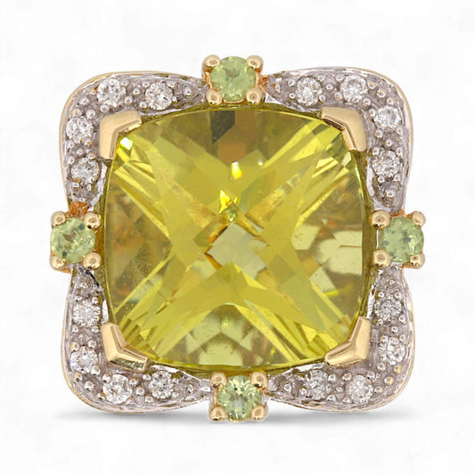 14K Yellow Gold Cushion Gemstone & Diamond Halo Statement Ring Size 7.5