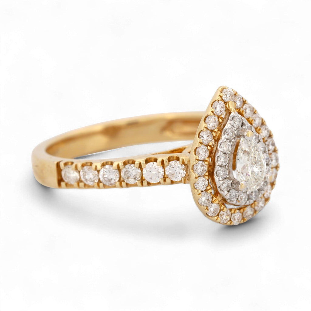 14K Yellow Gold Double-Halo Pear Diamond Ring 1.05ct Size 7