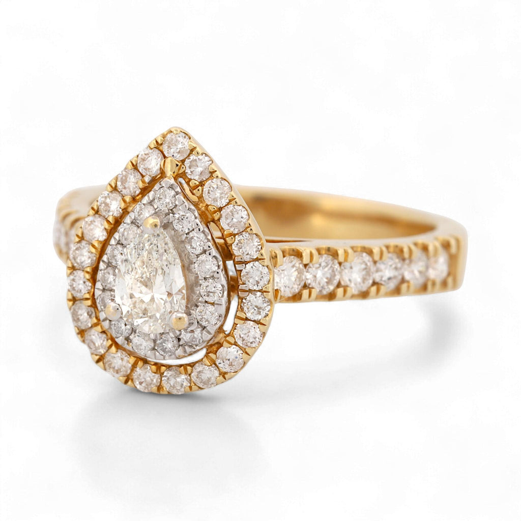 14K Yellow Gold Double-Halo Pear Diamond Ring 1.05ct Size 7