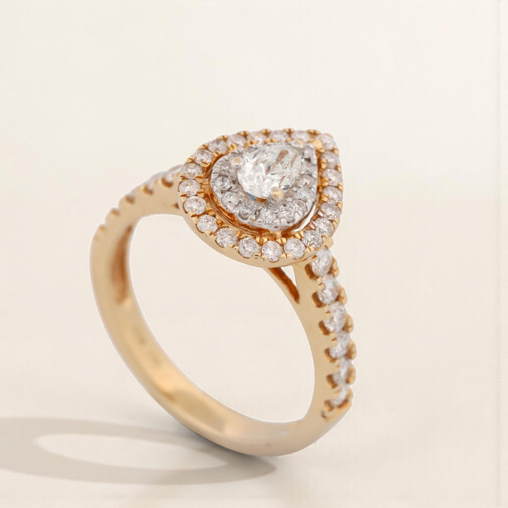 14K Yellow Gold Double-Halo Pear Diamond Ring 1.05ct Size 7