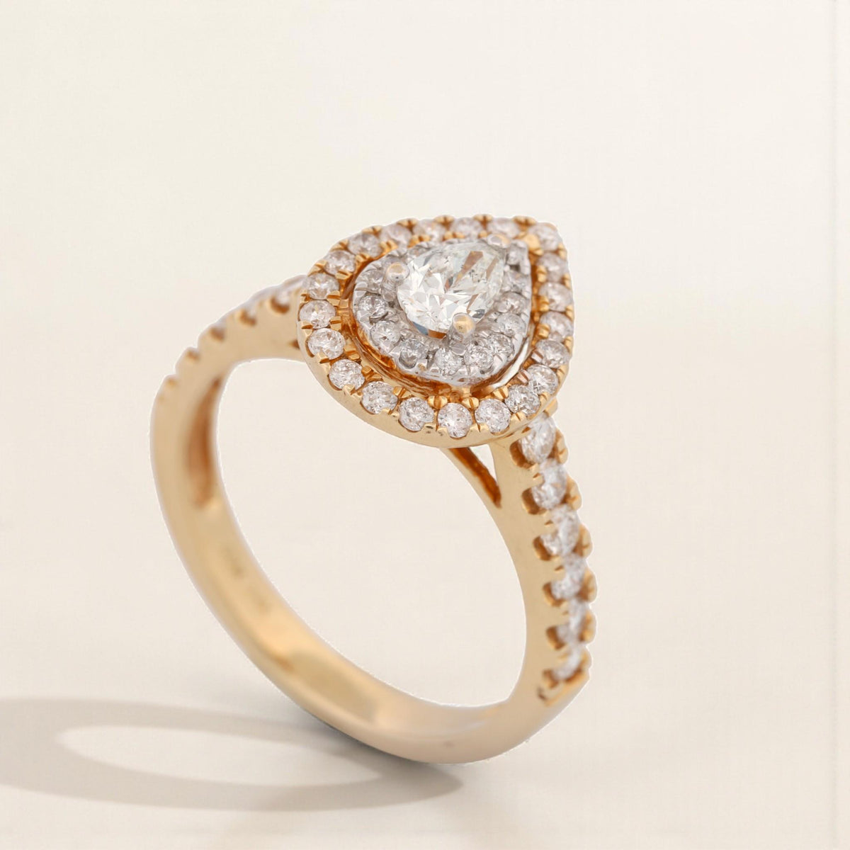 14K Yellow Gold Double-Halo Pear Diamond Ring 1.05ct Size 7