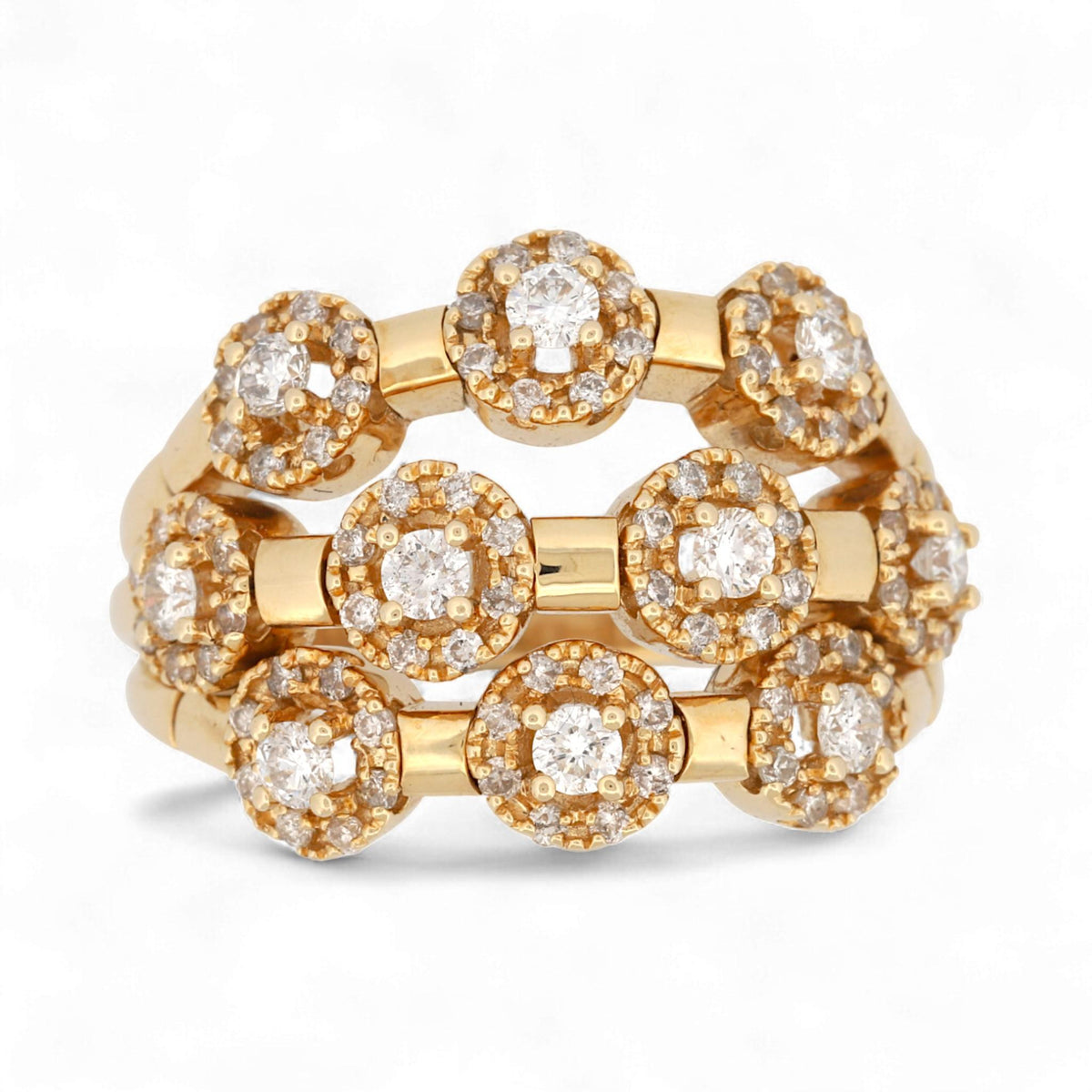 Sonia B 14K Yellow Gold Three-Row Diamond Wide Band Ring 1.52 ct Size 10