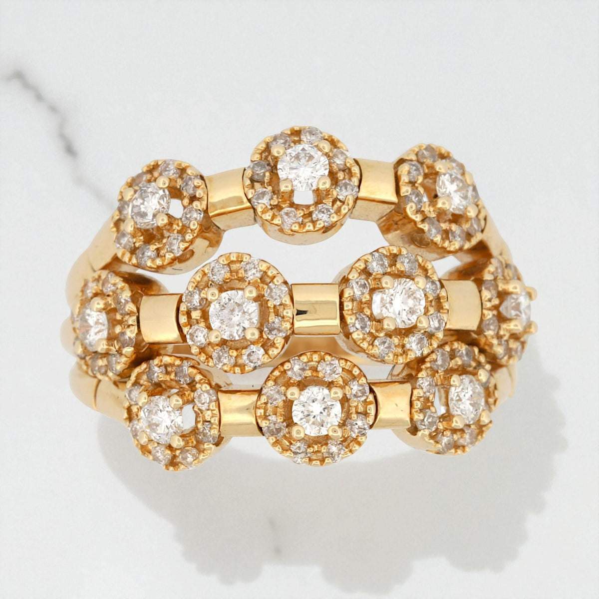 Sonia B 14K Yellow Gold Three-Row Diamond Wide Band Ring 1.52 ct Size 10