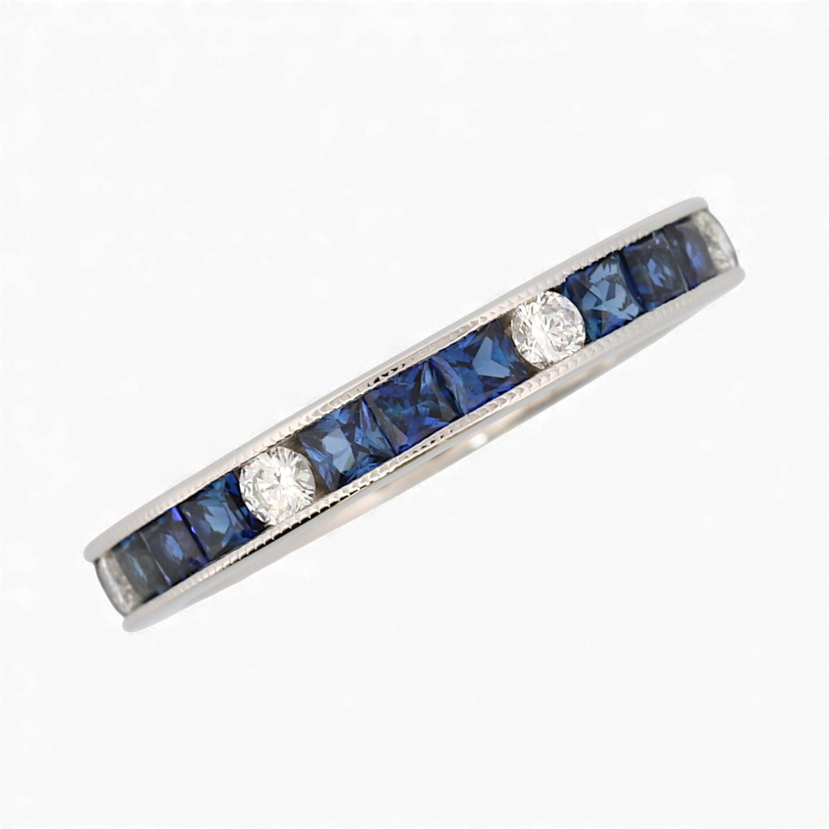 18K White Gold Blue Sapphire & Diamond Milgrain Anniversary Band 1.40ct Size 7