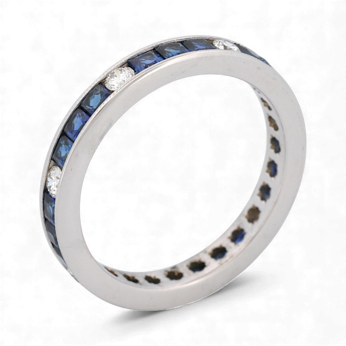 18K White Gold Blue Sapphire & Diamond Milgrain Anniversary Band 1.40ct Size 7