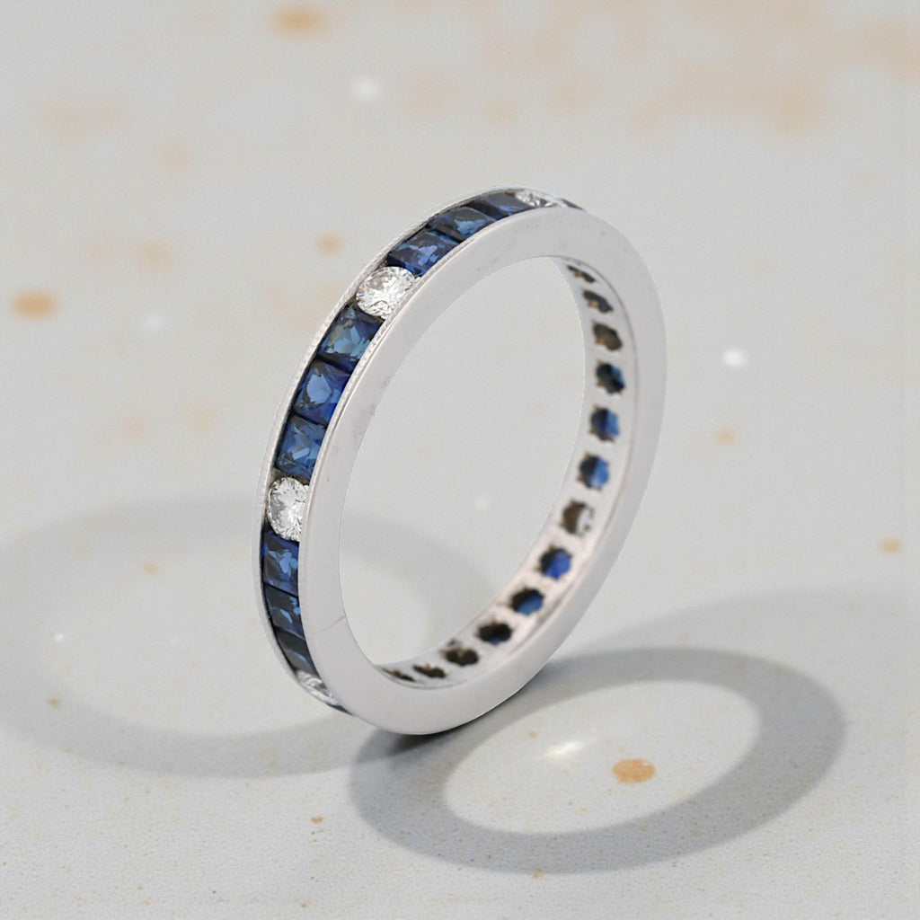 18K White Gold Blue Sapphire & Diamond Milgrain Anniversary Band 1.40ct Size 7