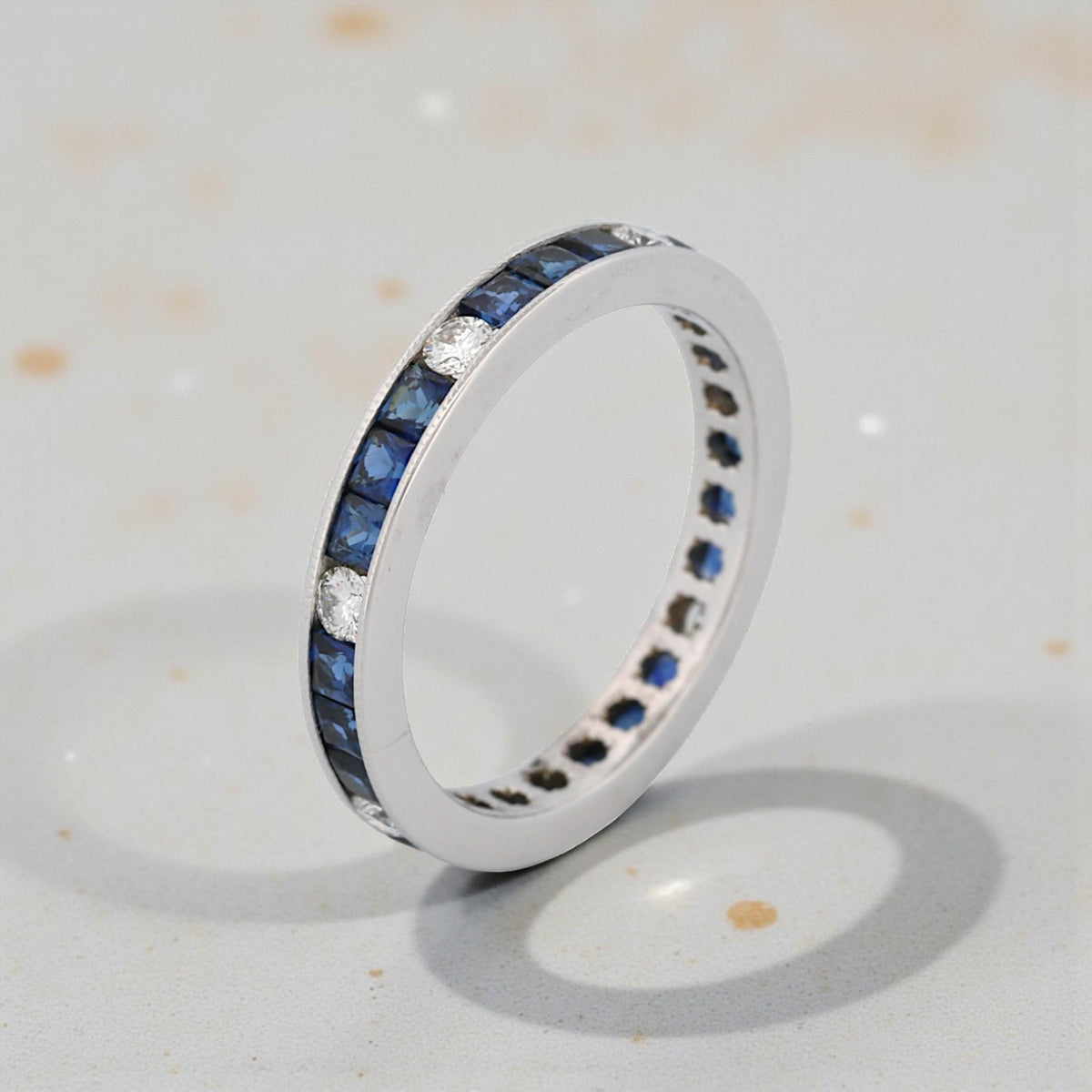18K White Gold Blue Sapphire & Diamond Milgrain Anniversary Band 1.40ct Size 7