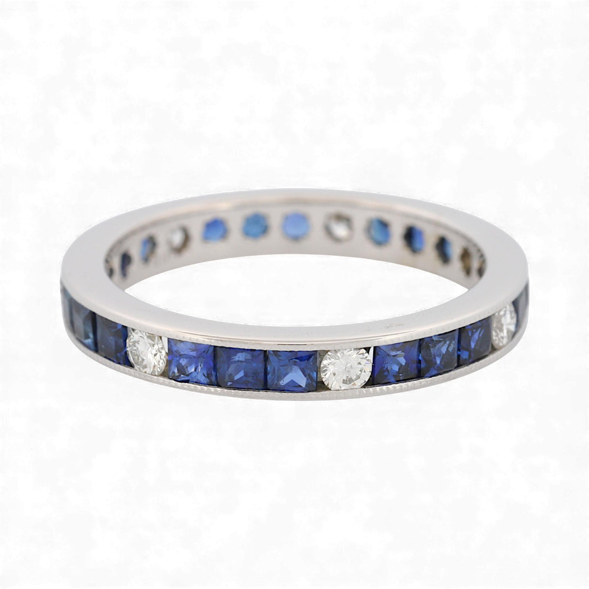 18K White Gold Blue Sapphire & Diamond Milgrain Anniversary Band 1.40ct Size 7