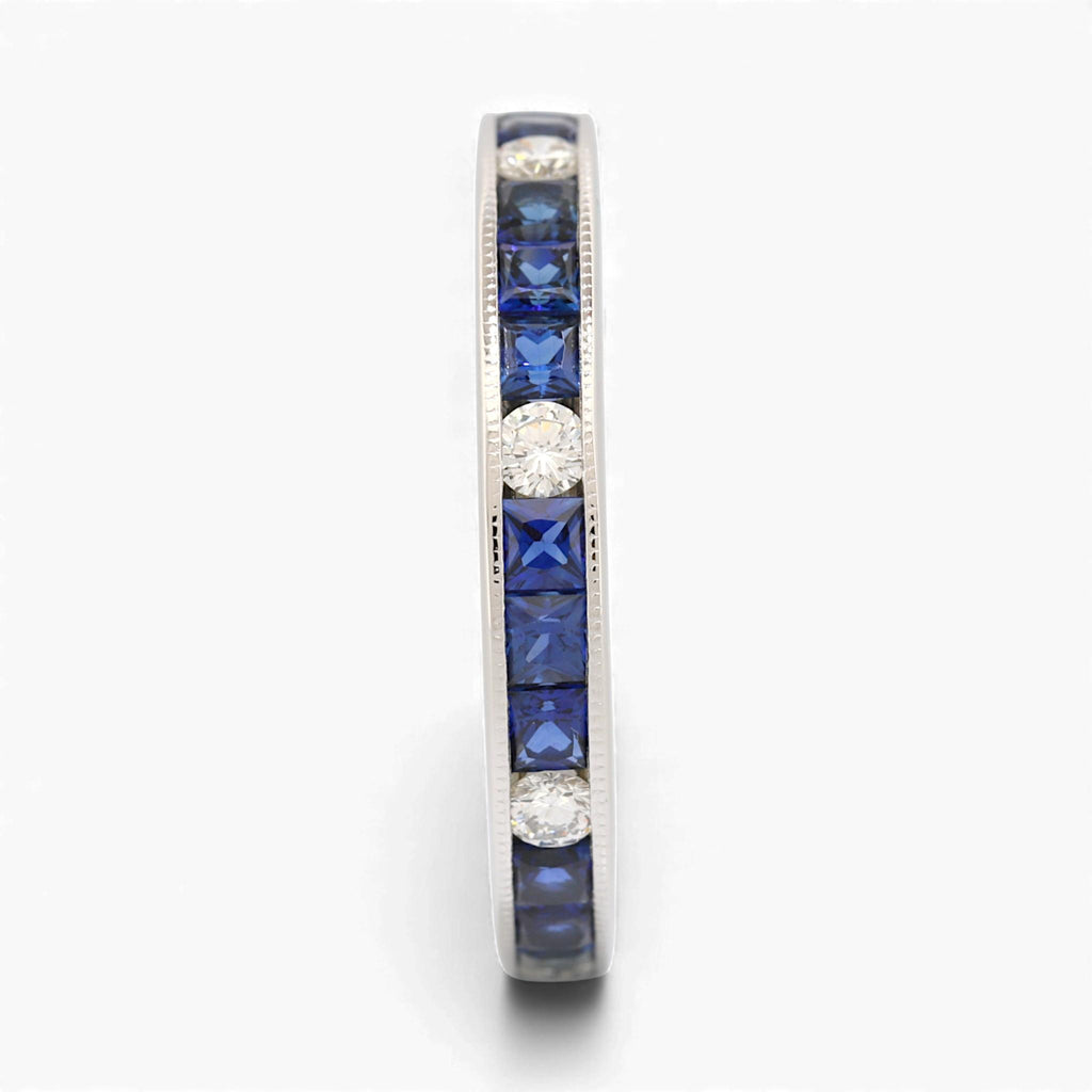 18K White Gold Blue Sapphire & Diamond Milgrain Anniversary Band 1.40ct Size 7