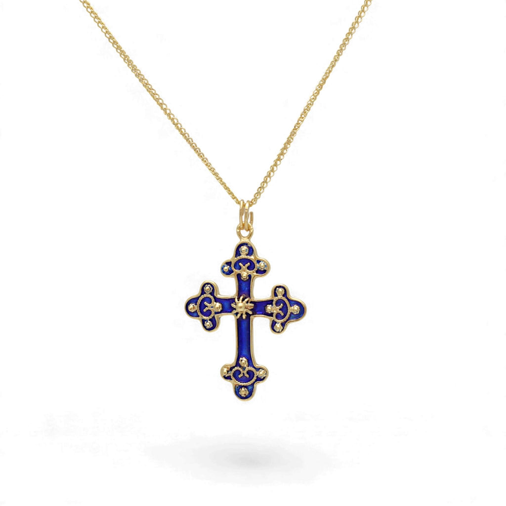 Vintage Blue Enamel Cross Necklace in 14k Yellow Gold 16 Inch