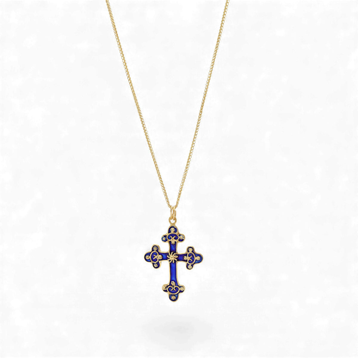 Vintage Blue Enamel Cross Necklace in 14k Yellow Gold 16 Inch