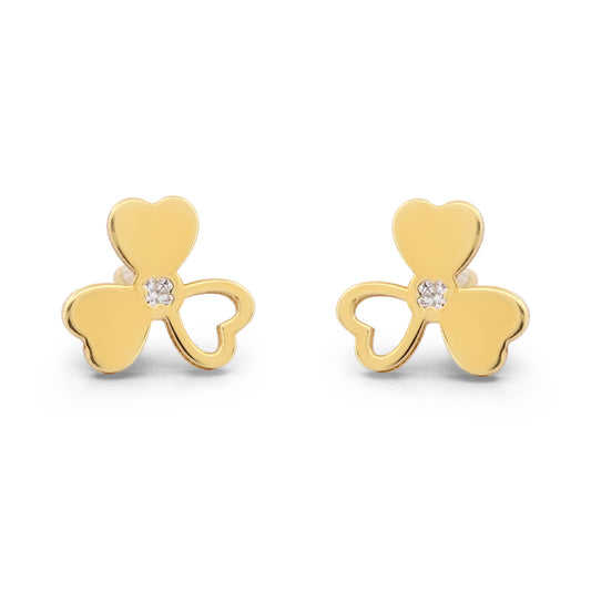 18k Yellow Gold Three-Petal Flower Stud Earrings with Diamond and Screw-Backs