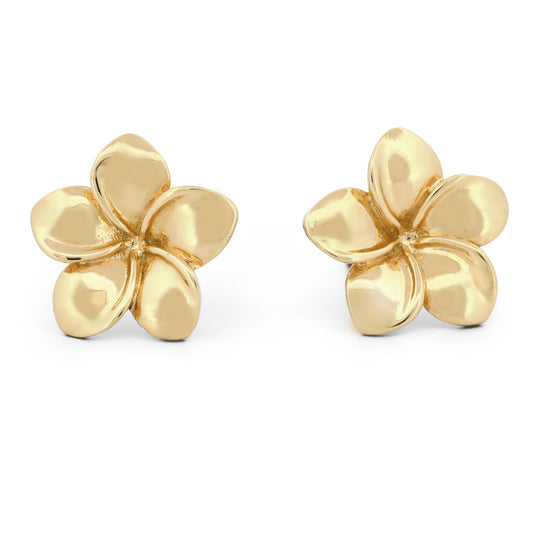 18k Yellow Gold Five-Petal Flower Statement Stud Earrings New