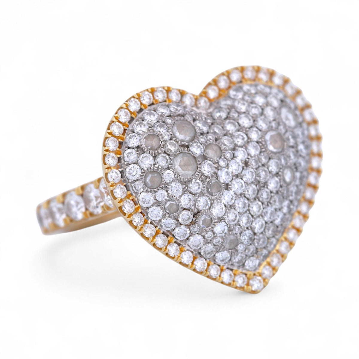 18K Yellow Gold Pave Diamond Heart Ring with Rose & Brilliant Cuts – 3.11ctw
