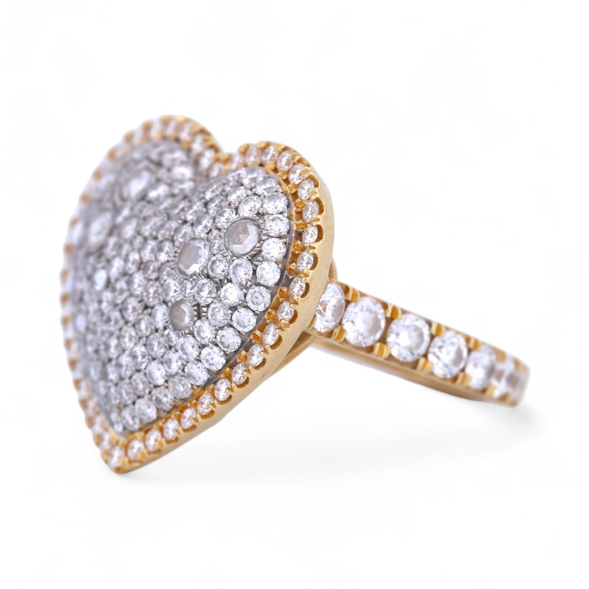 18K Yellow Gold Pave Diamond Heart Ring with Rose & Brilliant Cuts – 3.11ctw