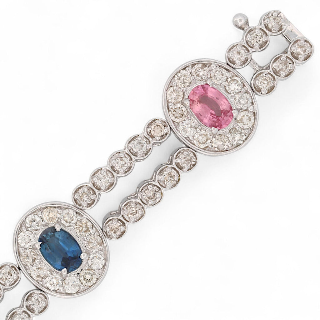14K White Gold Multi-Color Sapphire & Diamond Pavé Link Bracelet 7.5 in