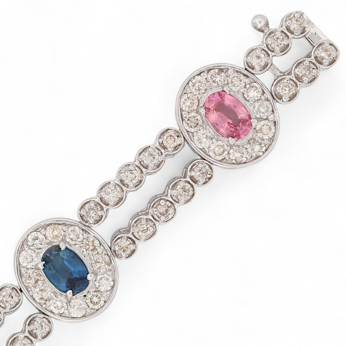 14K White Gold Multi-Color Sapphire & Diamond Pavé Link Bracelet 7.5 in