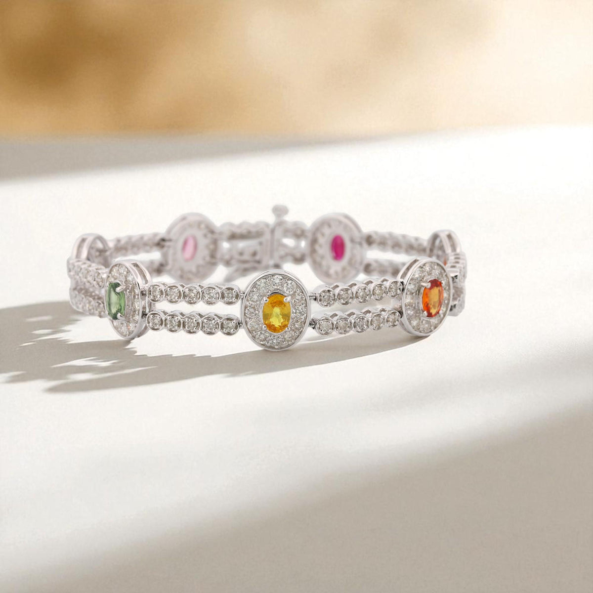 14K White Gold Multi-Color Sapphire & Diamond Pavé Link Bracelet 7.5 in