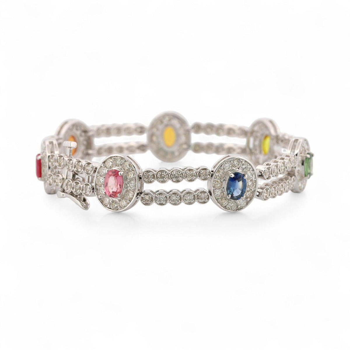 14K White Gold Multi-Color Sapphire & Diamond Pavé Link Bracelet 7.5 in