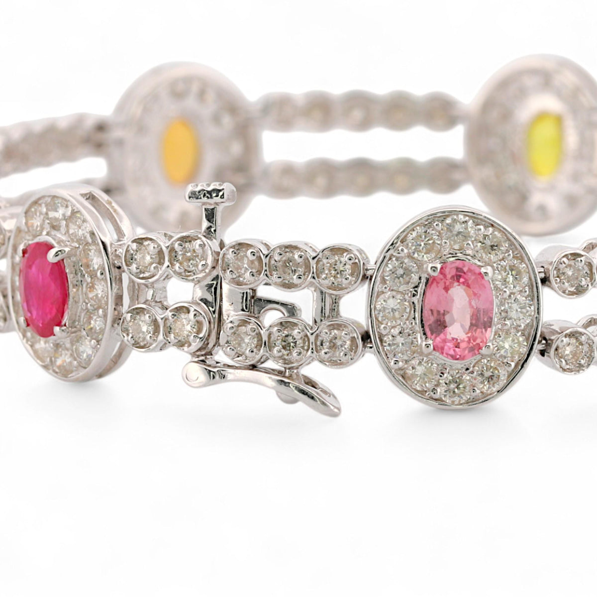 14K White Gold Multi-Color Sapphire & Diamond Pavé Link Bracelet 7.5 in