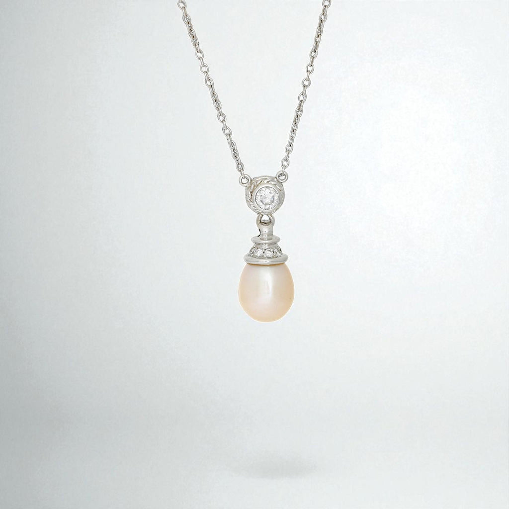 Natural Pearl & Diamond Drop Pendant Necklace in 14k White Gold