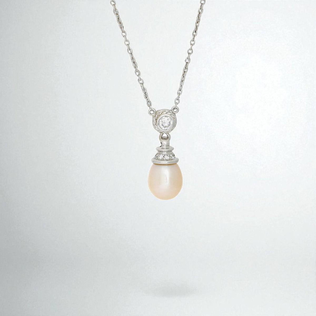Natural Pearl & Diamond Drop Pendant Necklace in 14k White Gold