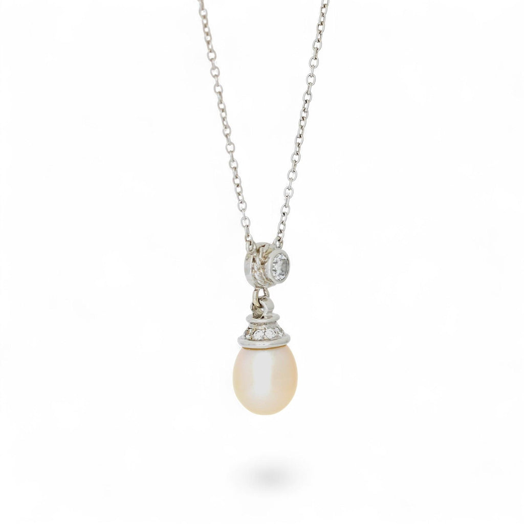 Natural Pearl & Diamond Drop Pendant Necklace in 14k White Gold