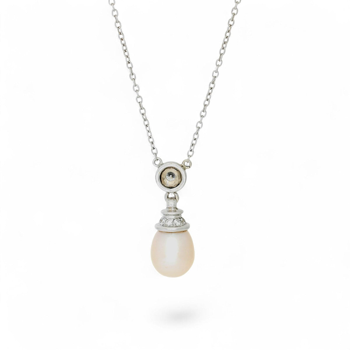 Natural Pearl & Diamond Drop Pendant Necklace in 14k White Gold