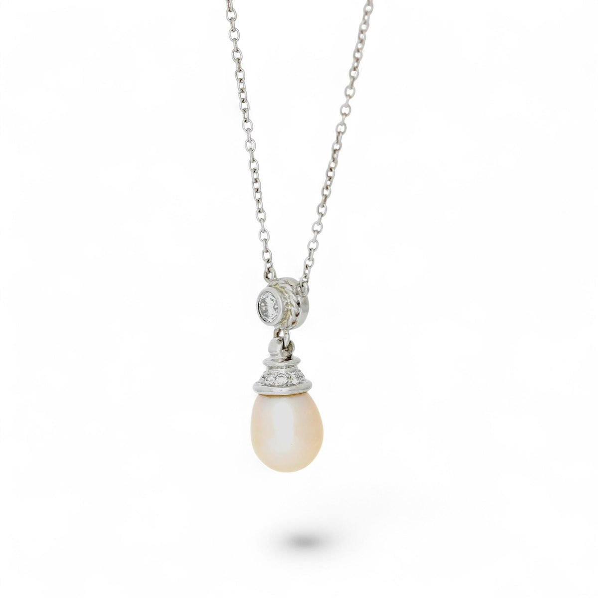 Natural Pearl & Diamond Drop Pendant Necklace in 14k White Gold