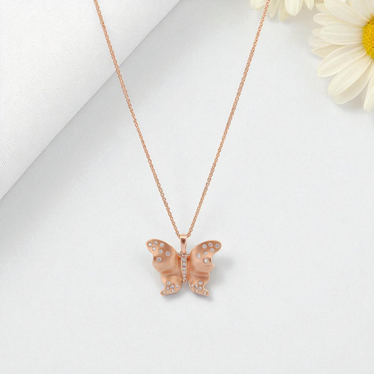 18k Rose Gold Diamond Butterfly Pendant Necklace