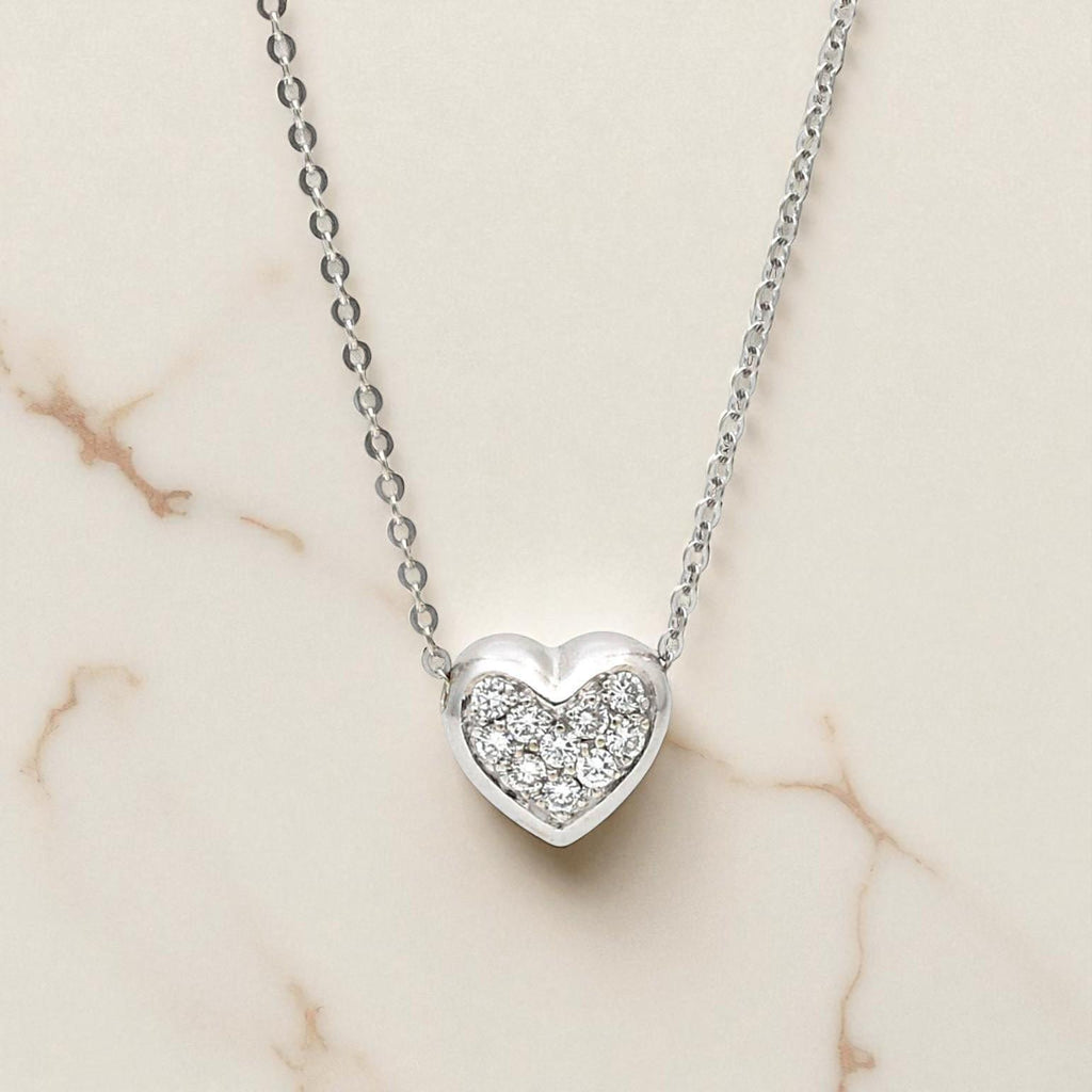 14k White Gold Puff Heart Diamond Pendant Necklace 0.30ct 16" Italian