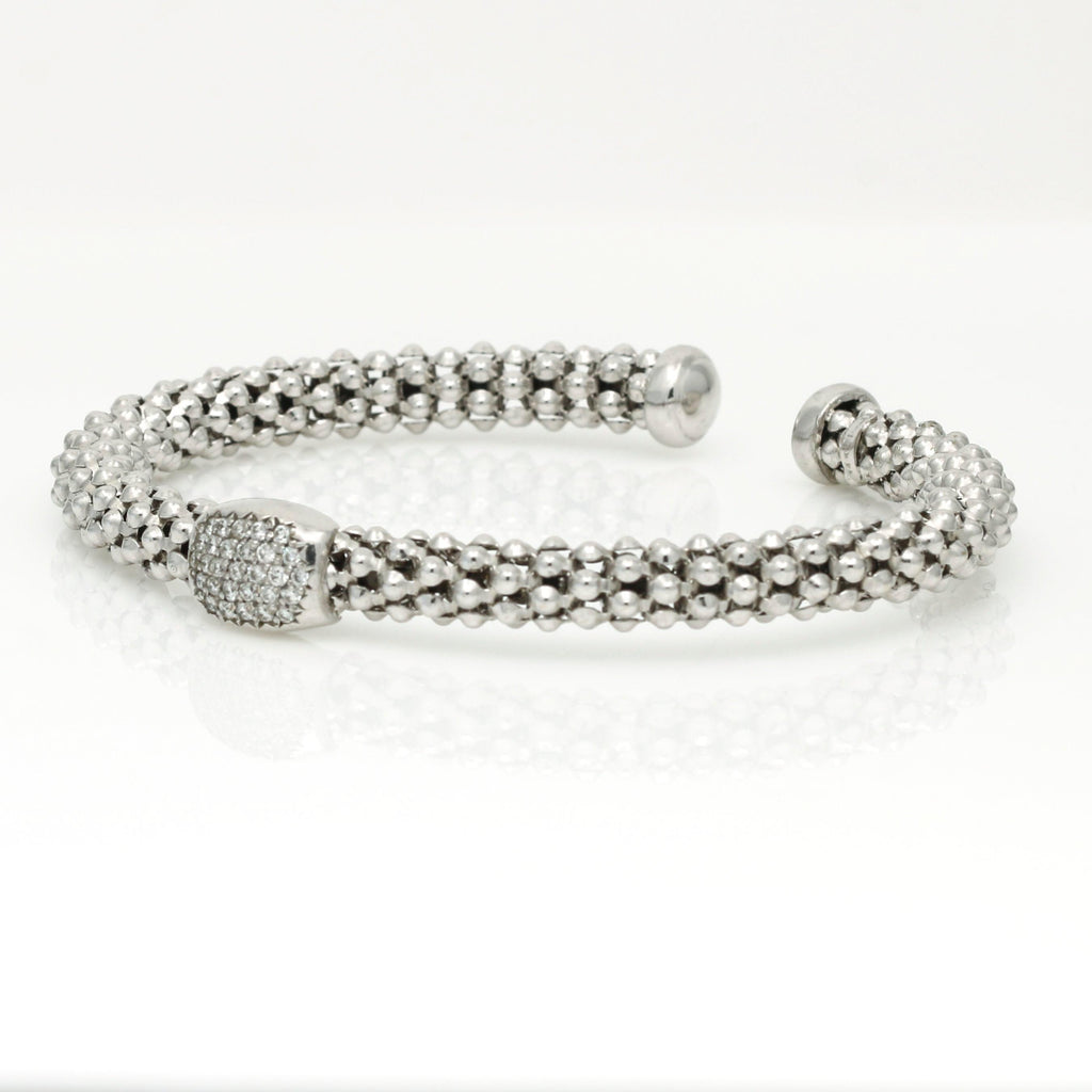 Women's Pave Diamond Station Beaded Textured Cuff Bracelet 14k White Gold - 31 Jewels Inc.