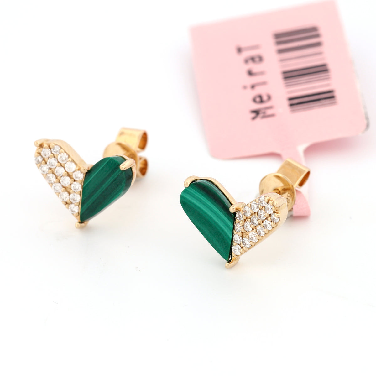 Meira T Malachite Diamond Heart Stud Earrings in 14k Yellow Gold